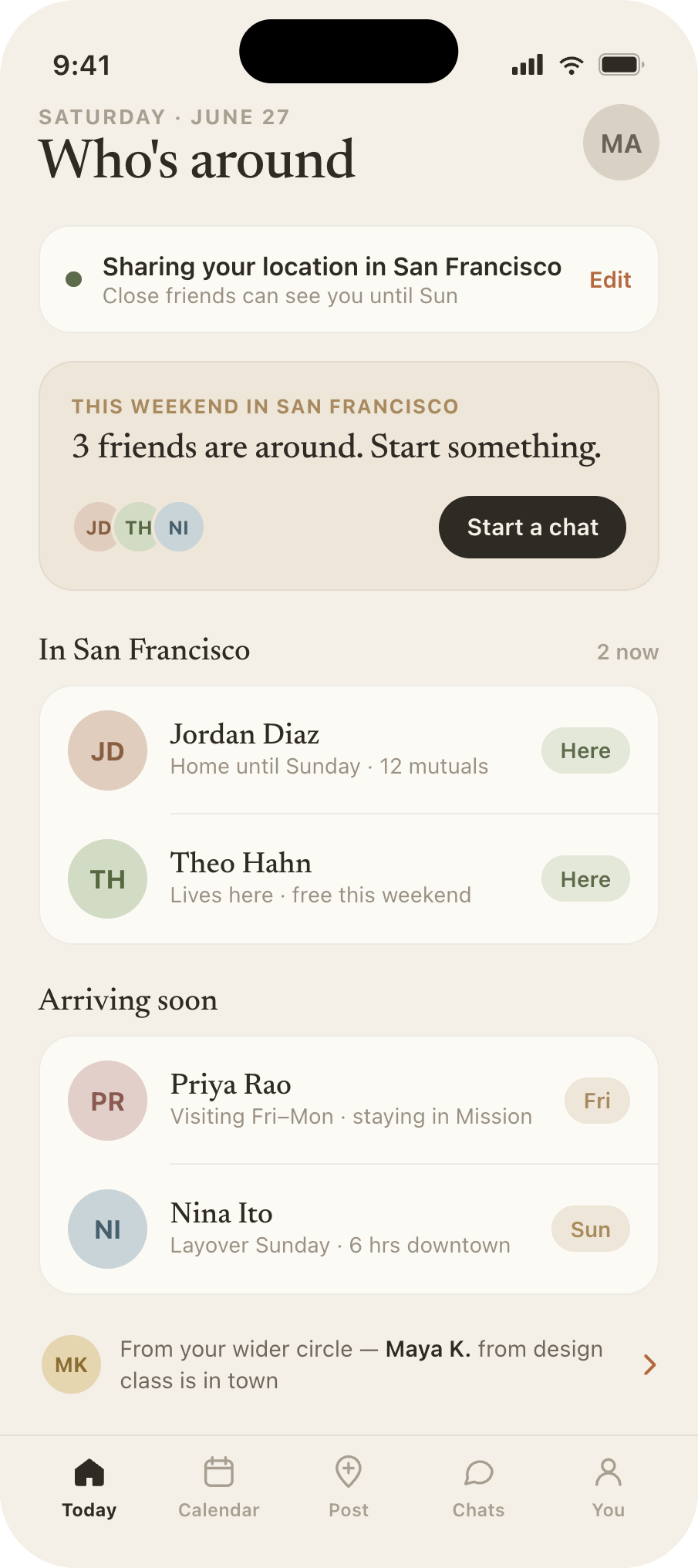 Link app screenshot showing a "Who&rsquo;s around" screen with nearby friends and their availability